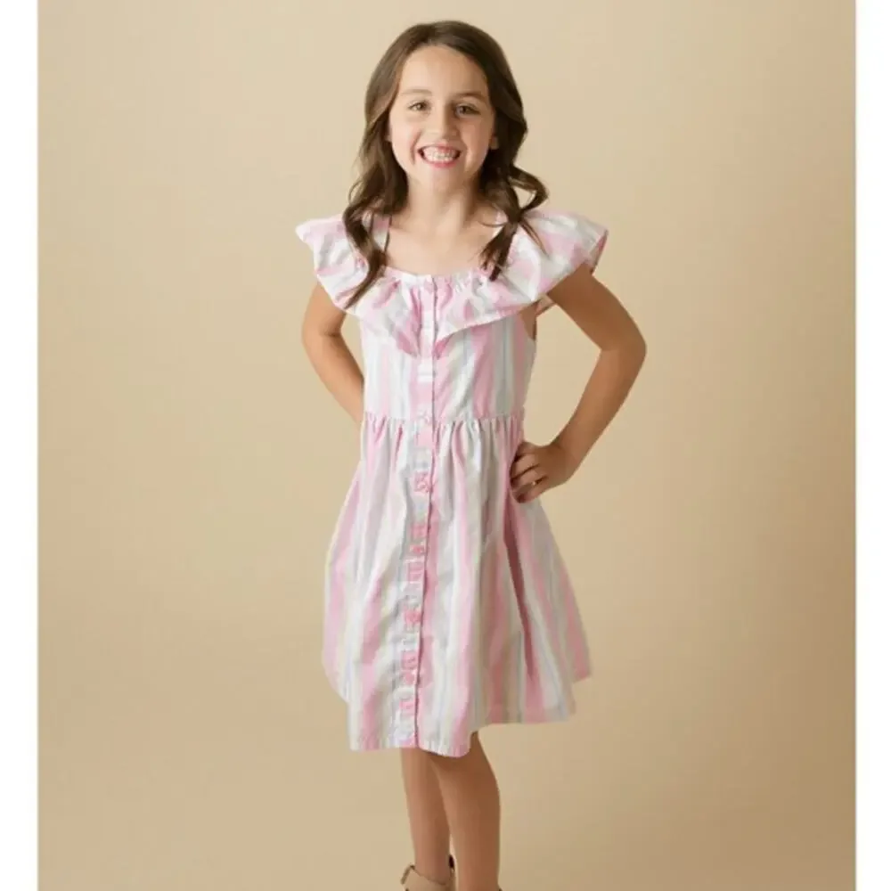 Penelope Mack Pink Beach Stripe Girls' Sun Dress Ruffle Age 6 - Picture 1 of 11